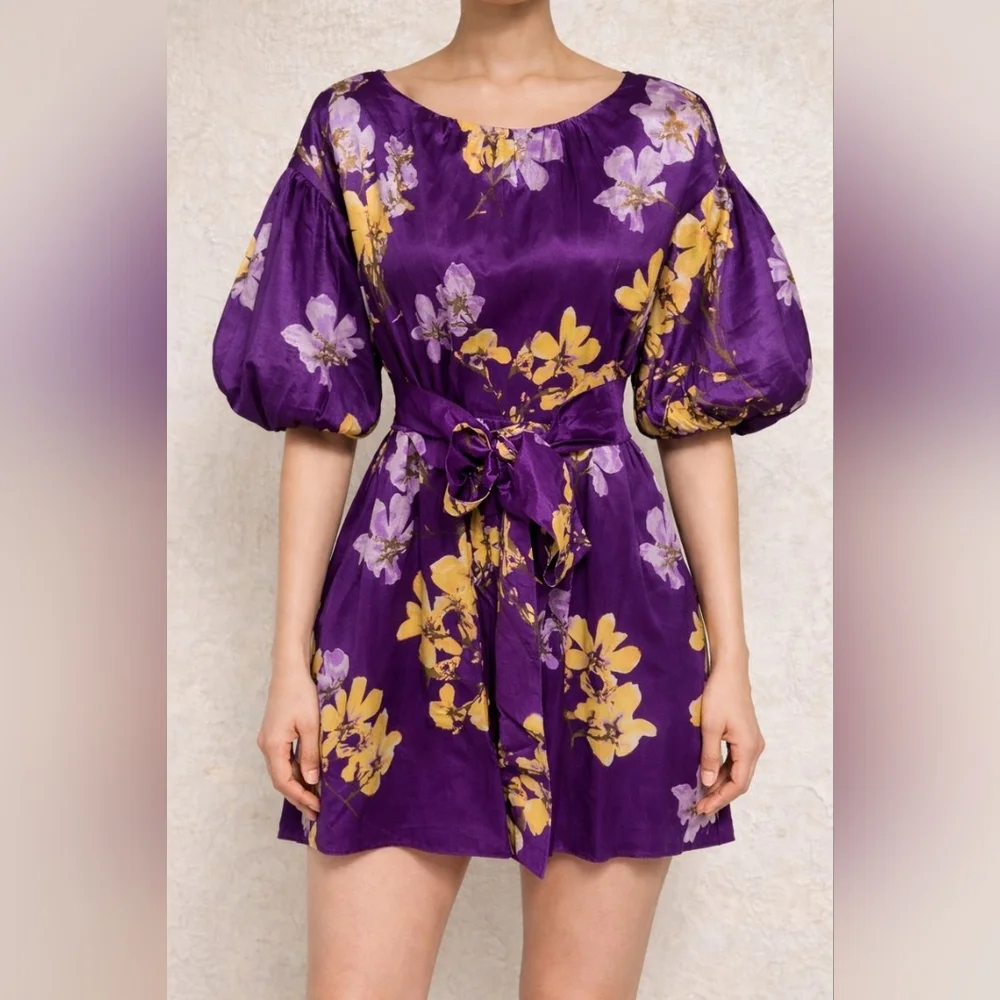 NY&C Purple Floral Satin Dress | Puff Sleeves | Belted Waist | Size M - Picture 1 of 2